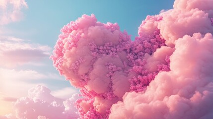 Fototapeta premium Heart-shaped clouds creating a stunning pink sky at sunset over a tranquil landscape