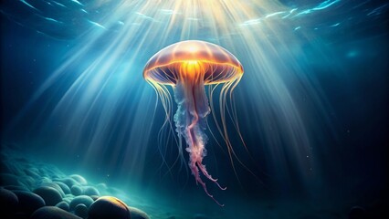 Naklejka premium Elegant Jellyfish Floating Gracefully in Crystal Clear Deep Ocean
