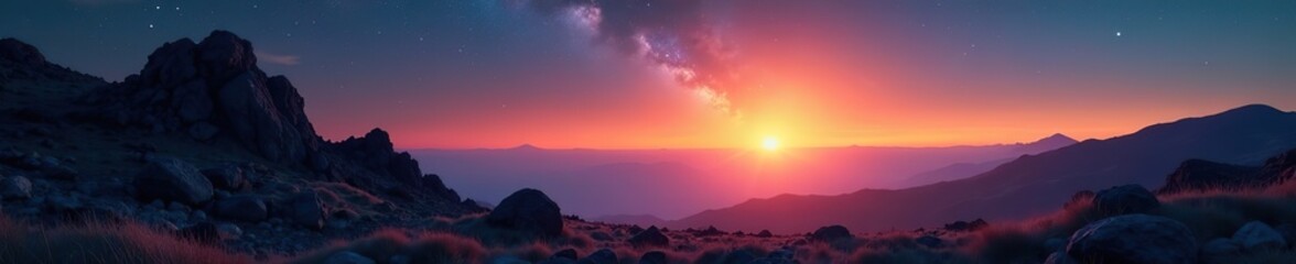 Fototapeta premium A delicate beam of starlight illuminates the rugged landscape at sunset, wild, serene, stars