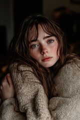 Fototapeta premium Cozy Portrait of a Thoughtful Woman in Warm Lighting