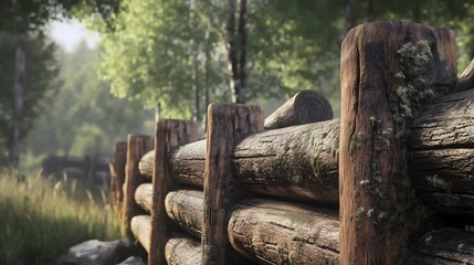 Fototapeta premium Close-up of a weathered wooden fence, with detailed texture and natural wood tones under sunlight.
