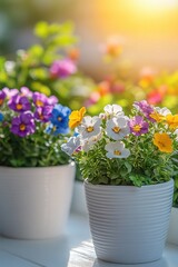 Fototapeta premium Vibrant Flowers in Sunlit White Pots on Balcony Garden