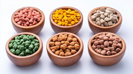 Fototapeta premium Colorful Pet Food in Wooden Bowls on a White Background