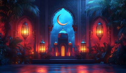 Fototapeta premium Illuminated Archway with Crescent Moon Overlooking Tropical Foliage at Night