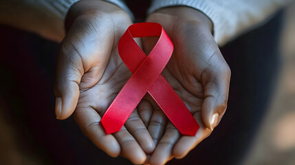 Hands holding red ribbon a powerful symbol of solidarity awareness and support for those affected by HIVAIDS on World AIDS Day This image represents the global community s compassion empathy