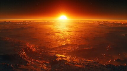 Fototapeta premium Fiery Sunset over a Distant Planet: A breathtaking panorama of a sunset over an alien landscape, showcasing vibrant orange and red hues, and a vast expanse of mountainous terrain.