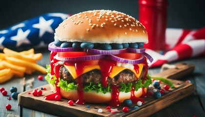 A patriotic themed burger with red, white, and blue toppings