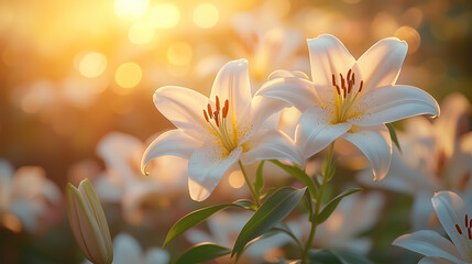 Fototapeta premium White lilies blooming in sunlight