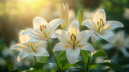 Obraz premium White lilies blooming in sunlight
