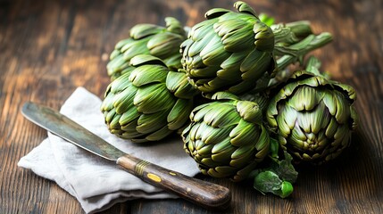 Obraz premium Fresh artichokes resting on rustic wooden table with knife