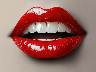Obraz premium a pair of lips with bright red lipstick and glossy, white teeth. The background is a solid, light color, which contrasts with the vibrant red lips.