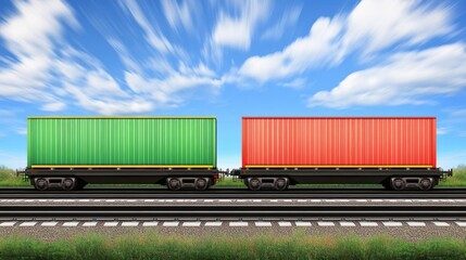 Fototapeta premium Two Colorful Cargo Containers on a Railway Under a Blue Sky