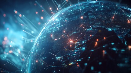 Global digital network with connected points and fiber optic cables spanning across Earth