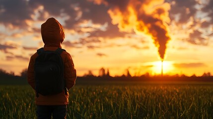 Fototapeta premium Child Watching Sunset Over Industrial Landscape