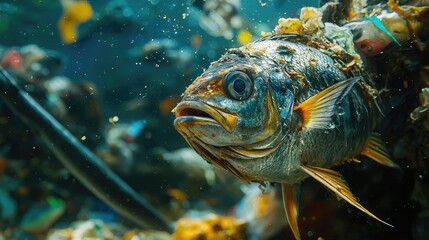 Obraz premium Underwater Scene Featuring a Swordfish Surrounded by Garbage in a Colorful Marine Environment