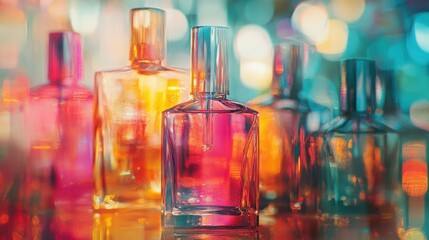 Collection of colorful perfume bottles glimmer under a vibrant blurred light