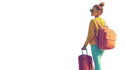 Young Woman Traveler with Backpack and Suitcase Walking Outdoors on Sunny Day