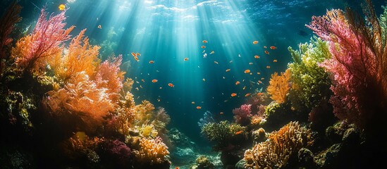Fototapeta premium Vibrant underwater coral reef teeming with colorful fish and sunlight filtering through