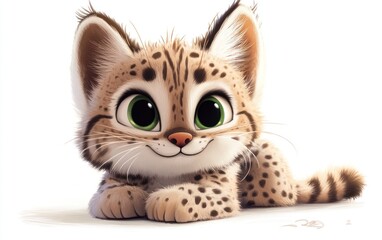 Obraz premium Cute cartoon bobcat kitten lying down, white background, children's book illustration