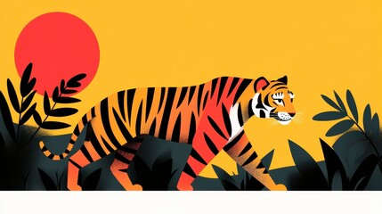 Colorful Tiger Walking in a Tropical Landscape with Sunset Backdrop