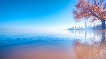 Fototapeta premium City Skyline Reflected in Calm Autumn Lake