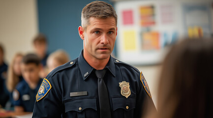 A handsome white male police officer in uniform stands at the front of an elementary school classroom, speaking to students about gun safety. The image captures the officer's detai