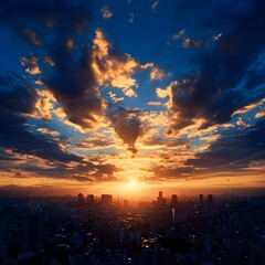 Obraz premium City Skyline Sunset with Dramatic Clouds