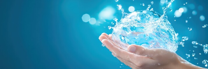 World hand hygiene day celebration with water splash in hands. Horizontal banner. Copy space. World Health Day. World Water Day