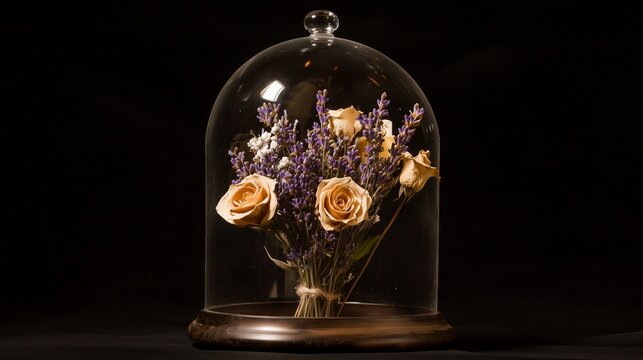 Preserving beauty, dried flowers in glass dome on black background - Powered by Adobe