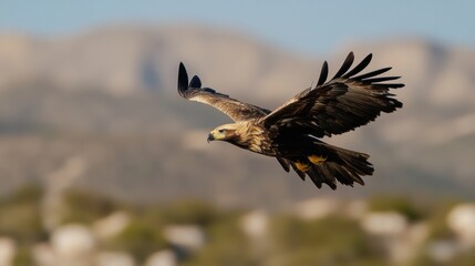 Obraz premium Bald Eagle flying. bird of prey against autumn background, Mountain View sky and tree, yellow grass and forest
