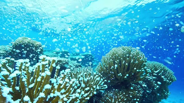Soft zoom in on vibrant coral reef, softly falling snow, deep blue ocean, snowflakes land on anemones, creating a surreal underwater blizzard effect