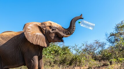 Fototapeta premium Elephant Interacting with Plastic Bottle in Wildlife Reserve Highlights Environmental Concerns