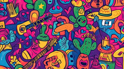 A fun doodle pattern of mariachi musicians, tequila bottles, and p in bold colors.