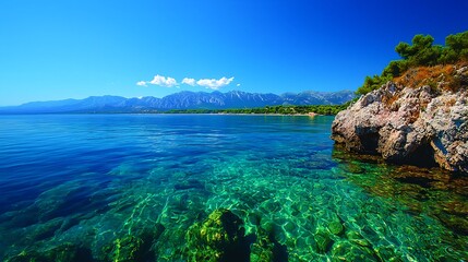 Fototapeta premium Clear Blue Sea With Rocky Shoreline and Mountains