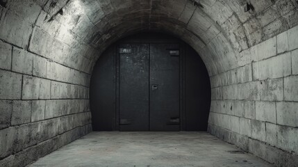 Obraz premium Dark arched stone tunnel with metal door.