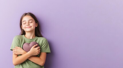 Fototapeta premium Little girl holding a heart shaped pillow in a bright room with soft lighting and cheerful atmosphere