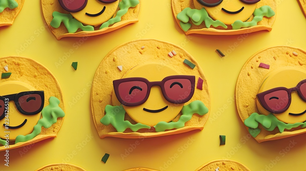 Fototapete a playful pattern featuring anthropomorphic tacos with smiling faces and sunglasses.