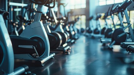 Fototapeta premium A row of exercise machines in a modern fitness room with bright lighting. Ideal for advertising sports clubs, fitness blogs and articles about healthy lifestyle.