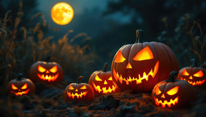 Obraz premium Glowing jack-o'-lanterns in a moonlit field on halloween night. Halloween, All Hallows Eve, Samhain - Spooky Holiday Season, Fall Festival Celebration