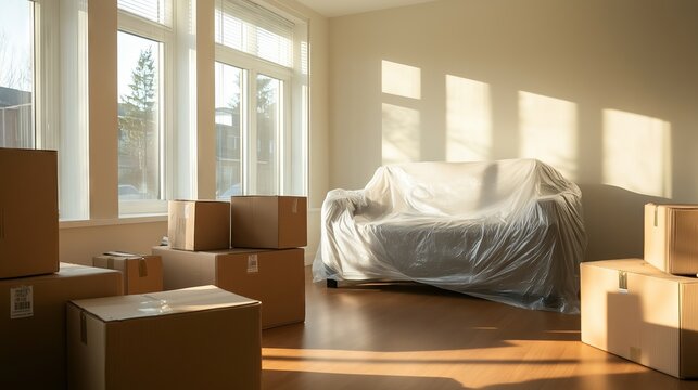 Cardboard boxes and covered sofa in sunny room during moving day