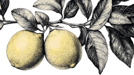 Two Ripe Lemons on Branch with Lush Leaves Detailed Ink Drawing Illustration