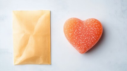 Obraz premium Heart shaped candy next to a blank piece of paper on a wooden surface