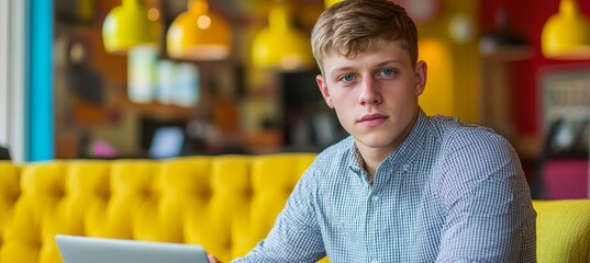 Handsome Young Man working on Laptop, Comfortable on Yellow Sofa, Modern Cafe Interior,. Studio