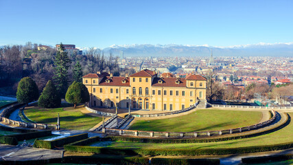 Obraz premium Exterior view of the Villa della Regina, a former noble residence in Turin city. Turin downtown and the Alps mountains on background