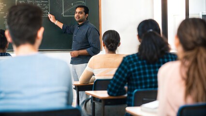 Indian Teacher and Blackboard Indian teacher explaining concepts on a blackboard to a classroom of students.	
