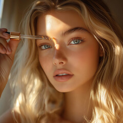 Obraz premium A european beautiful model with blonde hair, wearing light makeup and holding an oil dropper in her hand above the right eye area of her face to apply it on that skin. The sun is shining th