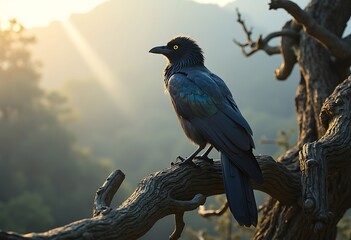 Majestic Raven Perched on Old Tree Branch at Sunrise