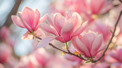Fototapeta premium A close-up of a blooming magnolia tree, 