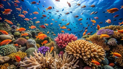 Vibrant Coral Reef with Colorful Fish Swimming in Clear Water