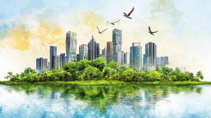 Vibrant City Skyline with Lush Green Spaces and Reflective Water